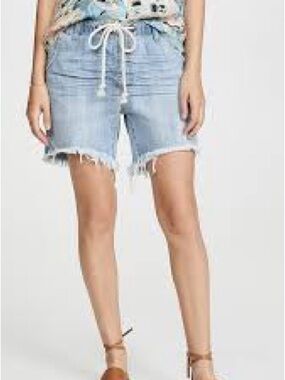 One Teaspoon Light Blue Frayed-Hem Denim Drawstring Shorts